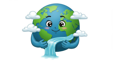 Obraz premium Cartoon earth character embracing water stream with transparent background