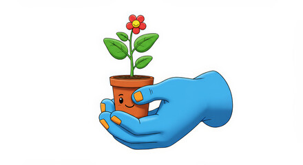 Cartoon hand holding potted plant with flower smiling face transparent background