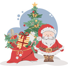 Cartoon Santa Claus with a bag full of presents and a Christmas tree in the background with snow falling and snowflakes in a flat design style against a light blue dotted background