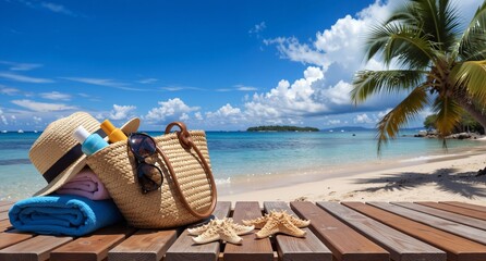 Obraz premium tropical beach vacation with sun hat, sunglasses, and starfish on wooden deck overlooking turquoise sea.