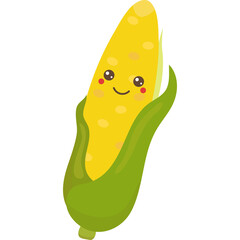 Charming Cartoon Corn Cob With A Smiling Face And Green Leaves On A Transparent Background