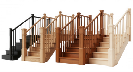 Wooden staircases with varied finishes isolated on a transparent background