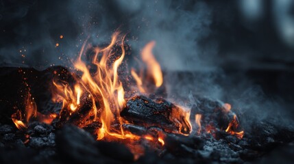 Flames Dance Over Charred Logs Creating Warmth and Light in the Dark Night Using Fire for Cozy Gatherings and Captivating Nighttime Scenes