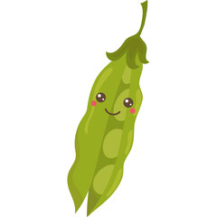 Charming Green Pea Pod Character with Cute Smiling Face Blush Cheeks and Open Pod Displaying Round Peas Isolated on Transparent Background Adorable Kawaii Food Illustration