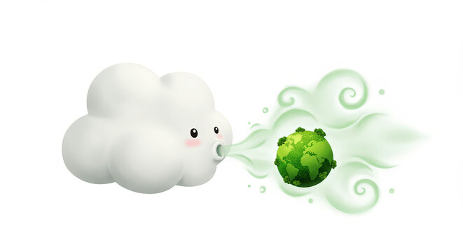 Cartoon cloud blowing air at globe environmental concept isolated illustration