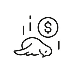 A coin with a dollar sign above a dead bird with short vertical lines around it