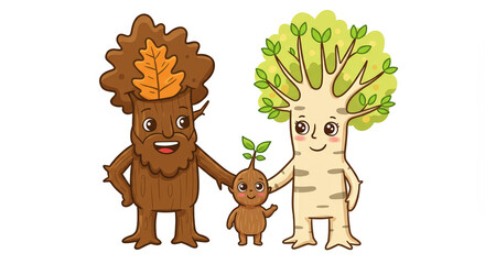 Cartoon trees family with happy expressions on transparent background