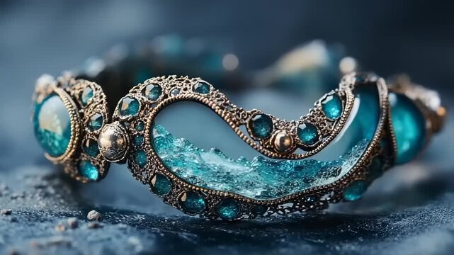 Ornate metal cuff bracelet adorned with vibrant blue gemstones and textured inlay