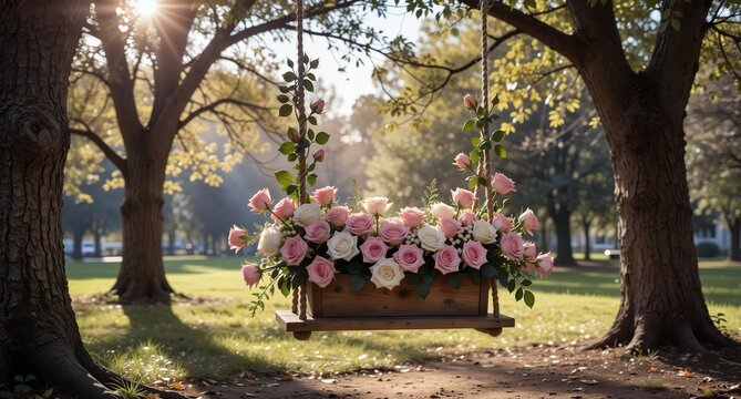 romantic floral swing in a park with soft sunlight, perfect for weddings and spring celebrations. - Powered by Adobe