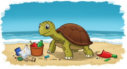 Cartoon turtle on beach near trash with ocean in background illustration