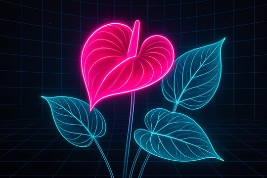 Vibrant Neon Anthurium Flower and Leaves Glowing on a Retro Grid Background Digital Illustration