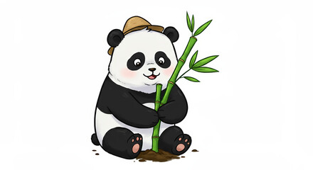 Cartoon panda with bamboo and hat illustration on transparent background