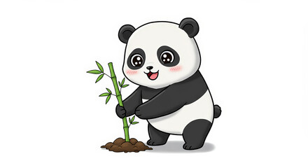 Cartoon panda holding bamboo plant in transparent background illustration