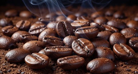 freshly roasted coffee beans with rising steam on a dark brown background