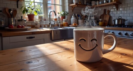 cozy morning still life with steaming happy face mug on rustic wooden table in bright kitchen interior.
