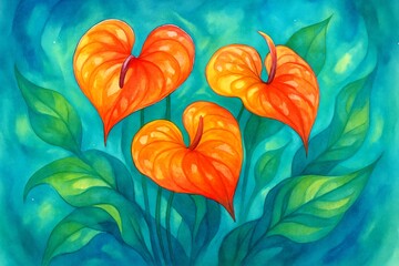 Vibrant watercolor painting of tropical orange anthurium flowers with lush green leaves on a teal background