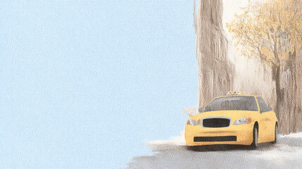 Watercolor painting of a yellow taxi on a snowy street. Soft winter palette, delicate artistic texture, and open space for typography make it ideal for seasonal illustration projects