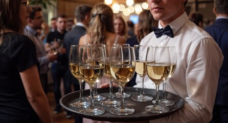 waiter serving white wine to guests at a formal event or wedding reception.