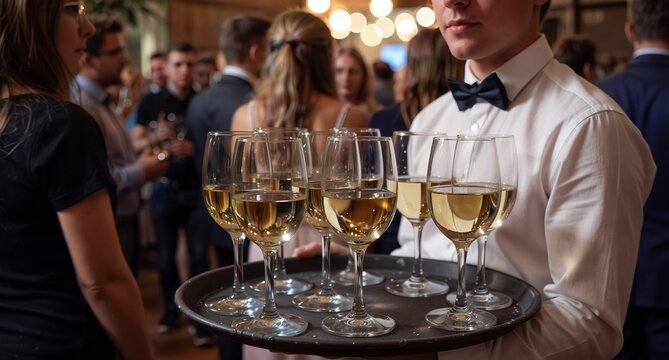waiter serving white wine to guests at a formal event or wedding reception.