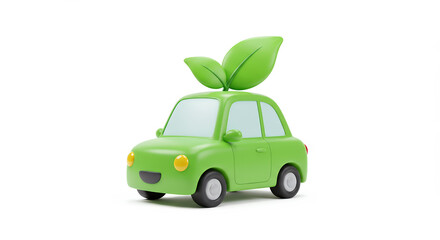 Green cartoon car with leaves on transparent background for sustainable concepts