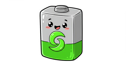 Cartoon battery icon with smiling face and green power indicator on transparent background