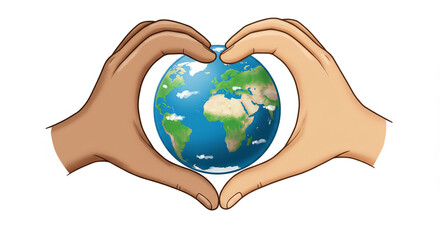 Hands forming heart around globe promoting unity and global connection