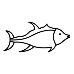 A simple line drawing of a fish featuring curved lines that depict its fins tail and body It has a pointed mouth and a single dot for its eye