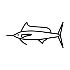 A simple line drawing of a marlin with a long bill distinct fins and a forked tail depicted against a white background