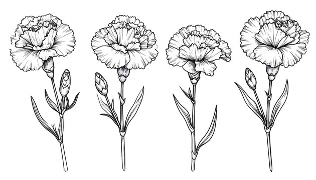 Botanical Line Art Carnation Flowers.