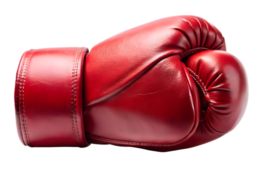 Close up of a single red leather boxing glove isolated on a transparent background ready for a fight or training session isolated on transparent background