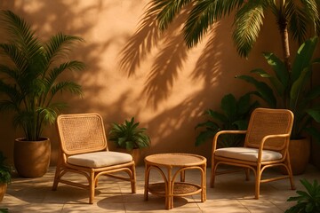 Fototapeta premium Inviting patio seating area with natural rattan furniture, potted palms, and warm sunlight