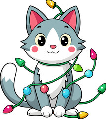  funny kitten tangled in Christmas lights, cartoon vector, white background, adorable festive design , vector icon, white background
