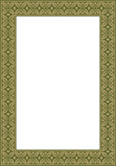 Vector square gold with green ancient Russian ornament. Slavic rectangle, border, frame. Painting of the royal chambers.