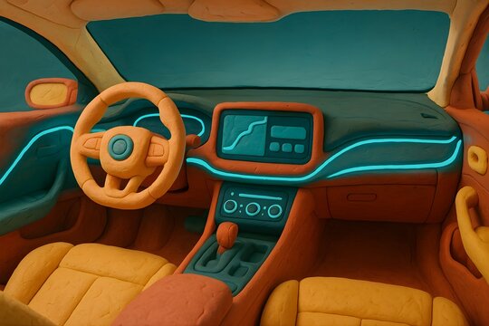 Playful handmade claymation car interior with vibrant neon light accents on dashboard and steering wheel
