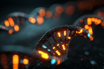 Exploring genetic frontiers: analyzing dna in dimly lit expert rooms. Human machine. Intricate dna reviews: specialists examine complex patterns in dim light. Futuristic technology. Human robot.