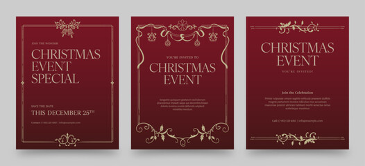 Classic Christmas Event Flyer and Poster Templates with Ornate Gold Border Frame and Elegant Red Background – Traditional Holiday Vector