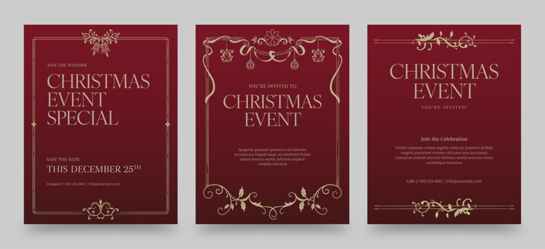 Classic Christmas Event Flyer and Poster Templates with Ornate Gold Border Frame and Elegant Red Background &ndash; Traditional Holiday Vector
