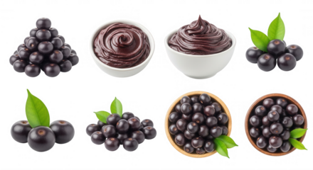 Dark purple berries and puree isolated on a transparent background