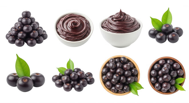 Dark purple berries and puree isolated on a transparent background