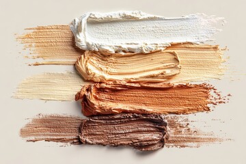 Four foundation smears in different shades on background. Perfect for makeup tutorials, beauty blogs, or skin care promotions.