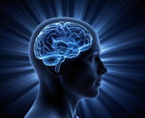 human brain glowing with radiant energy in a conceptual healthcare illustration.