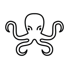 Black line drawing of an octopus with eight curved tentacles and two small eyes centered