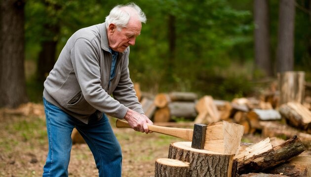Elderly man chopping wood with axe in forest during autumn