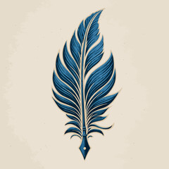 Elegant blue feather quill pen illustration. Vintage writing instrument graphic design for literature, poetry, and creative concepts.