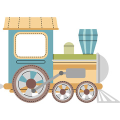 Childrens toy train with blue carriage tan engine and light blue wheels isolated on white background with dotted lines on roof and blue striped chimney