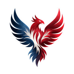 Majestic Phoenix bird illustration in red, white, and blue, symbolizing strength, freedom, and rebirth. Graphic design element.