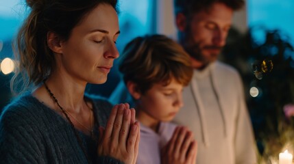 Obraz premium Family practicing gratitude meditation during evening at home gathering