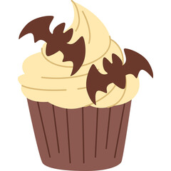 Charming Halloween Cupcake With Swirled Cream Frosting and Dark Chocolate Bat Toppers on a Transparent Background