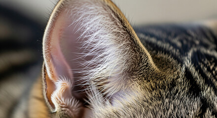 Obraz premium Close-up Macro Shot of Alert Tabby Cat's Ear An extremely detailed macro photograph focusing on the upright ear of a tabby cat. The image sharply captures the inner structure of the pinna