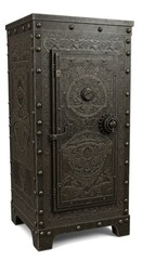 Ornate metal storage container features intricate embossed patterns and heavy riveting